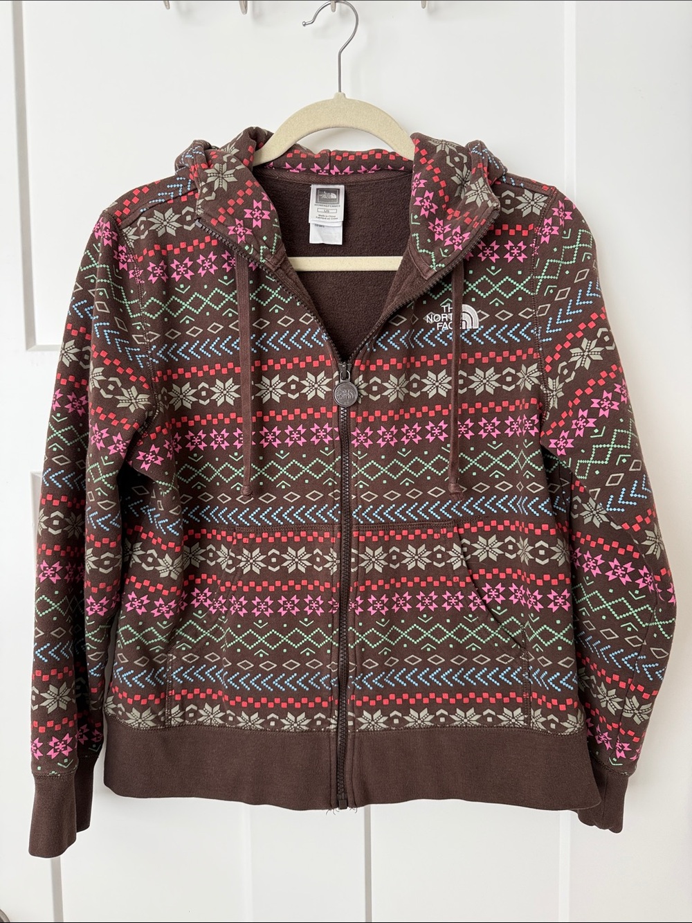 The North Face Brown Hooded Zip Jacket with Pink & Light Blue Fair Isle Pattern